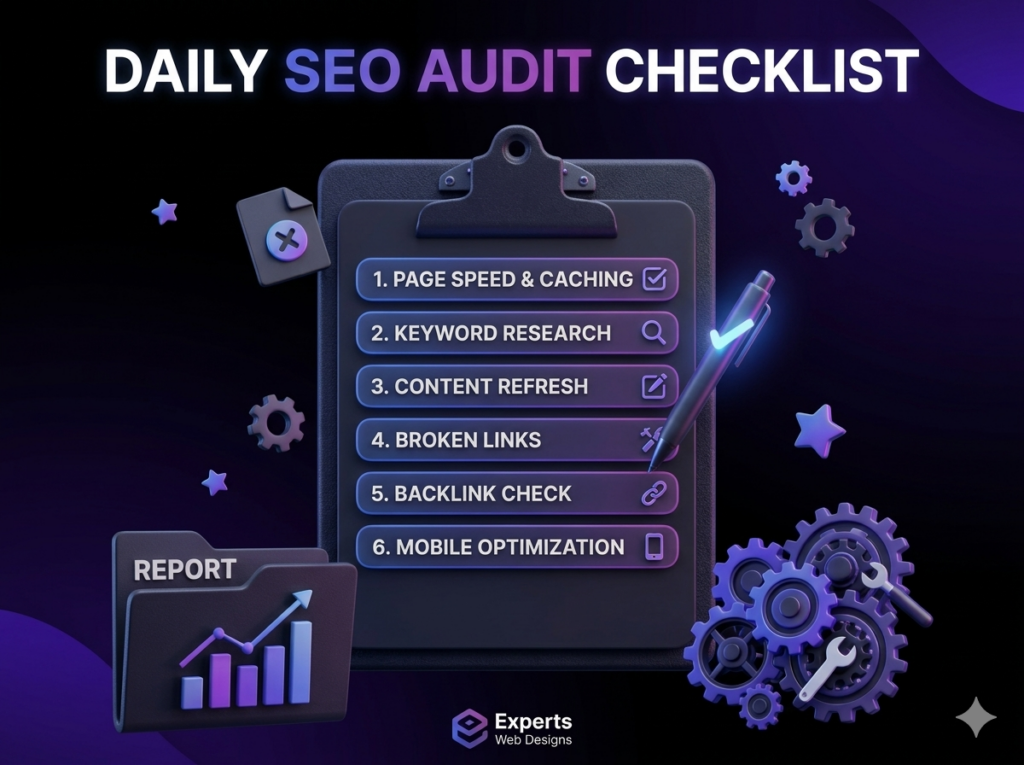 3D SEO audit checklist on a clipboard featuring page speed, keyword research, content refresh, broken links, backlink check, and mobile optimization
