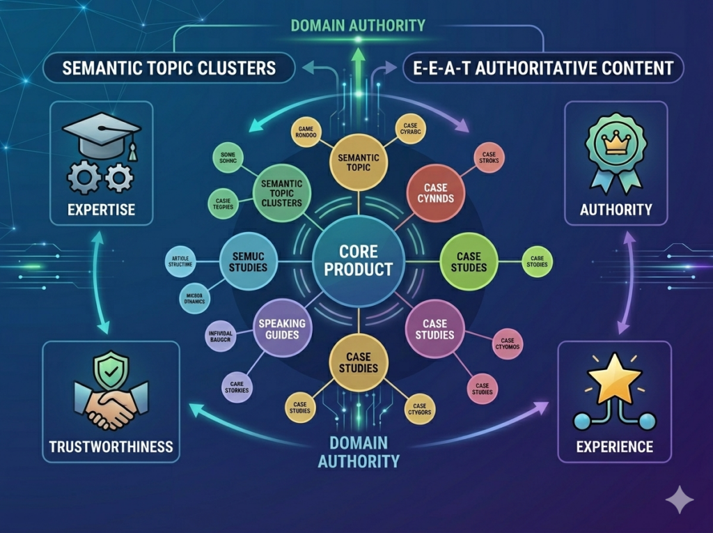 A detailed infographic showing enterprise SEO pillars: Expertise, Authoritativeness, Trustworthiness, and Experience (E-E-A-T) surrounding a core product semantic topic map.