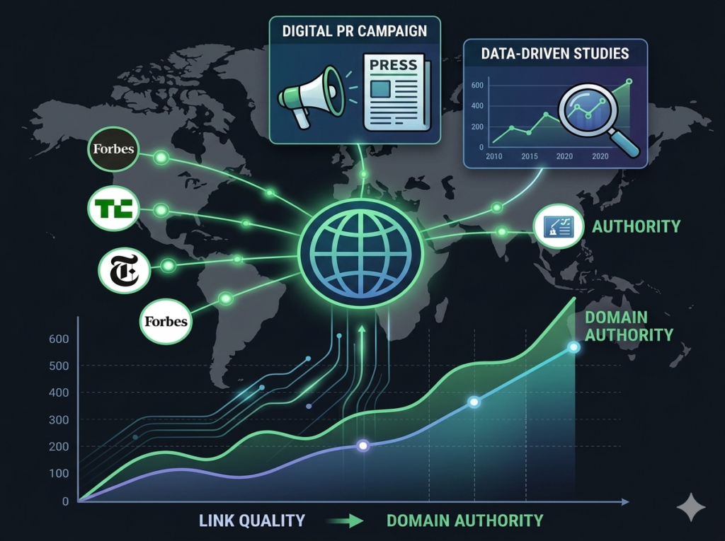 A professional infographic showing the relationship between link quality and domain authority growth, featuring digital PR campaigns, data-driven studies, and backlinks from high-authority sites like Forbes and TechCrunch on a world map background.