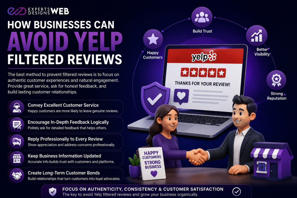 llustration showing how businesses can avoid Yelp filtered reviews through authentic customer engagement, excellent service, professional responses, updated business information, and long-term customer relationships in a purple brand theme.