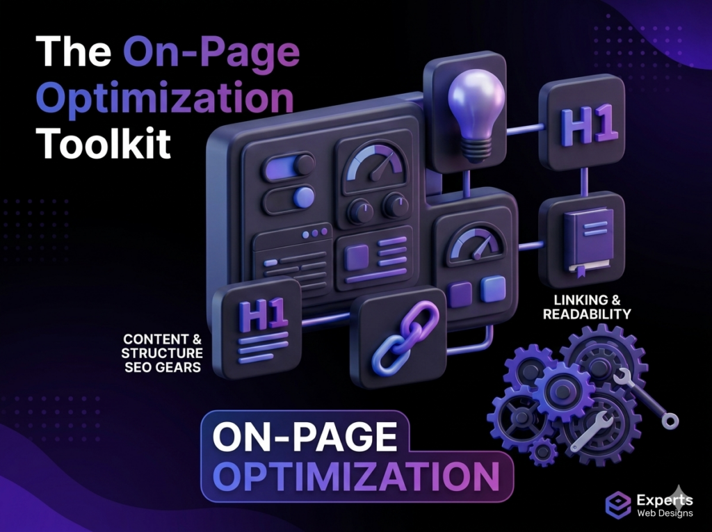 A professional 3D infographic showing an On-Page SEO optimization toolkit including content structure, H1/H2 tags, technical gears, and linking strategies on a dark purple background.