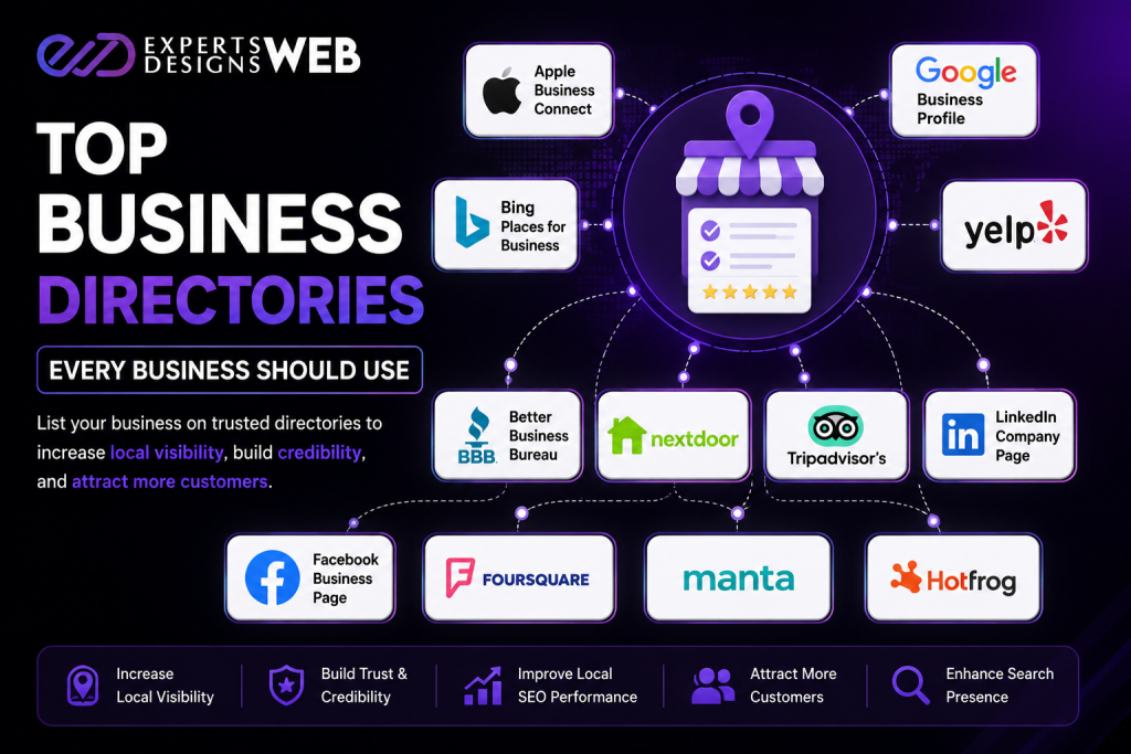 Infographic showing top business directories including Google Business Profile, Yelp, Bing Places, Apple Business Connect, Facebook Business Page, LinkedIn Company Page, TripAdvisor, Nextdoor, Foursquare, Manta, HotFrog, and Better Business Bureau for improving local SEO and online visibility.